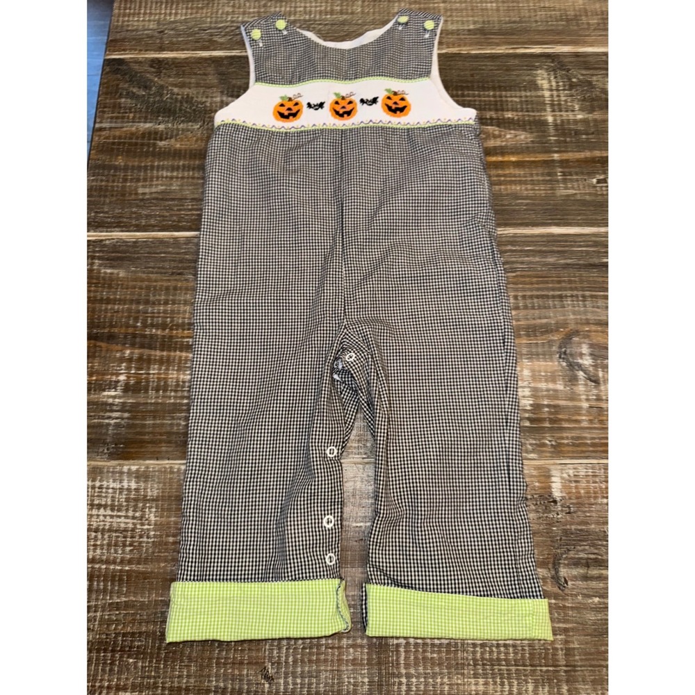 Stellybelly Baby Boys Halloween Smocked Pumpkin Gingham Jon Jon 12 months